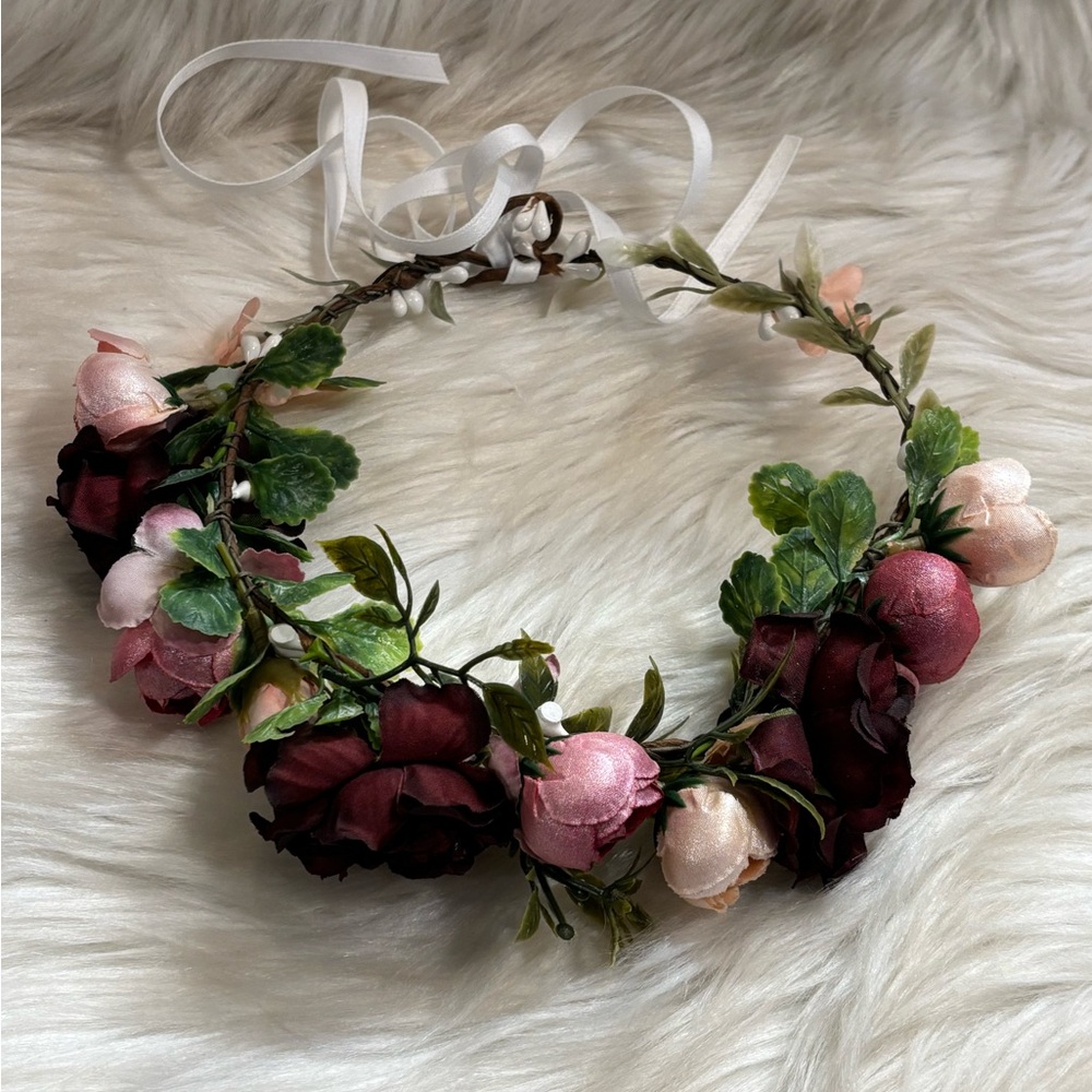 Floral Headband with Pink and Burgundy Roses photo prop wedding accessory